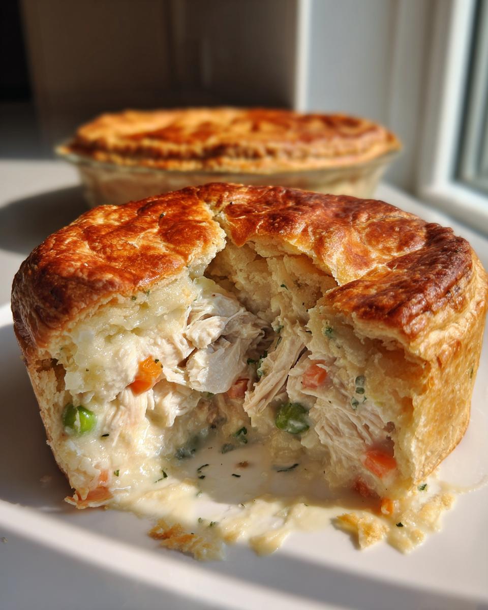 Close-up of a single serving of chicken pot pie casserole, showing flaky crust and creamy filling with shredded chicken and vegetables.