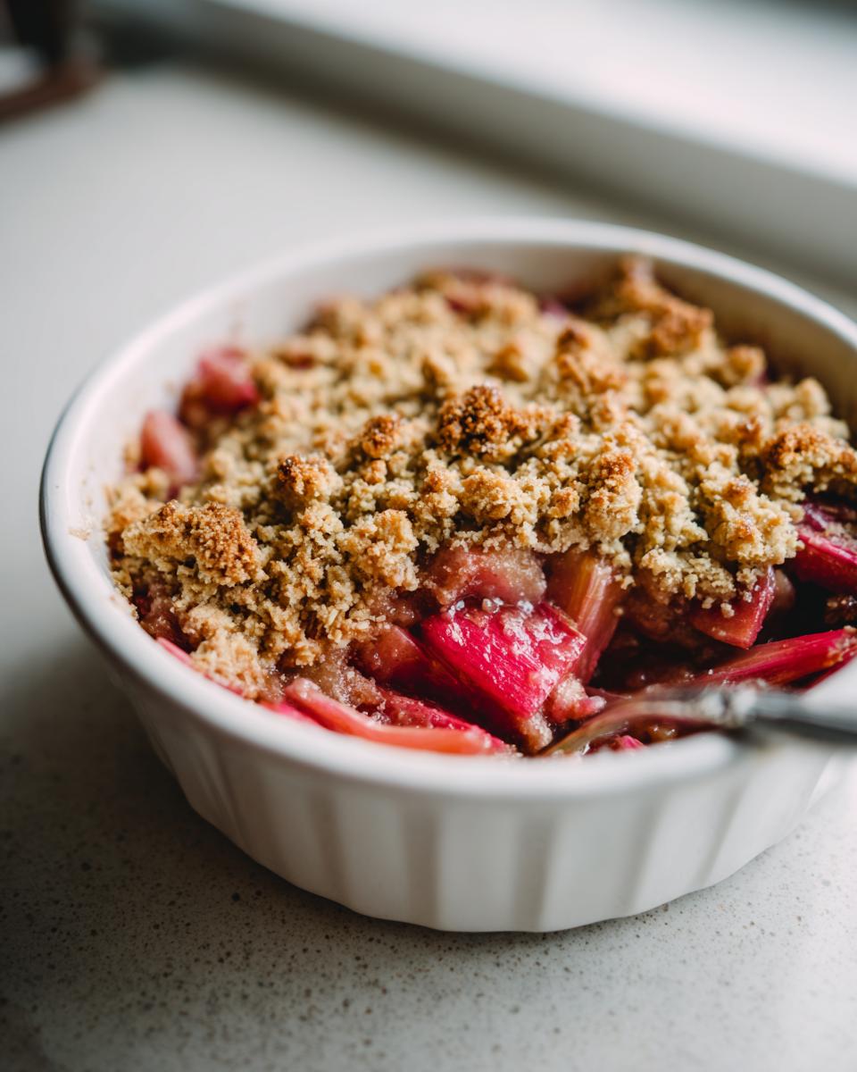 Close-up of a warm, bubbling rhubarb crisp topped with golden brown crumble, served in a white ramekin.