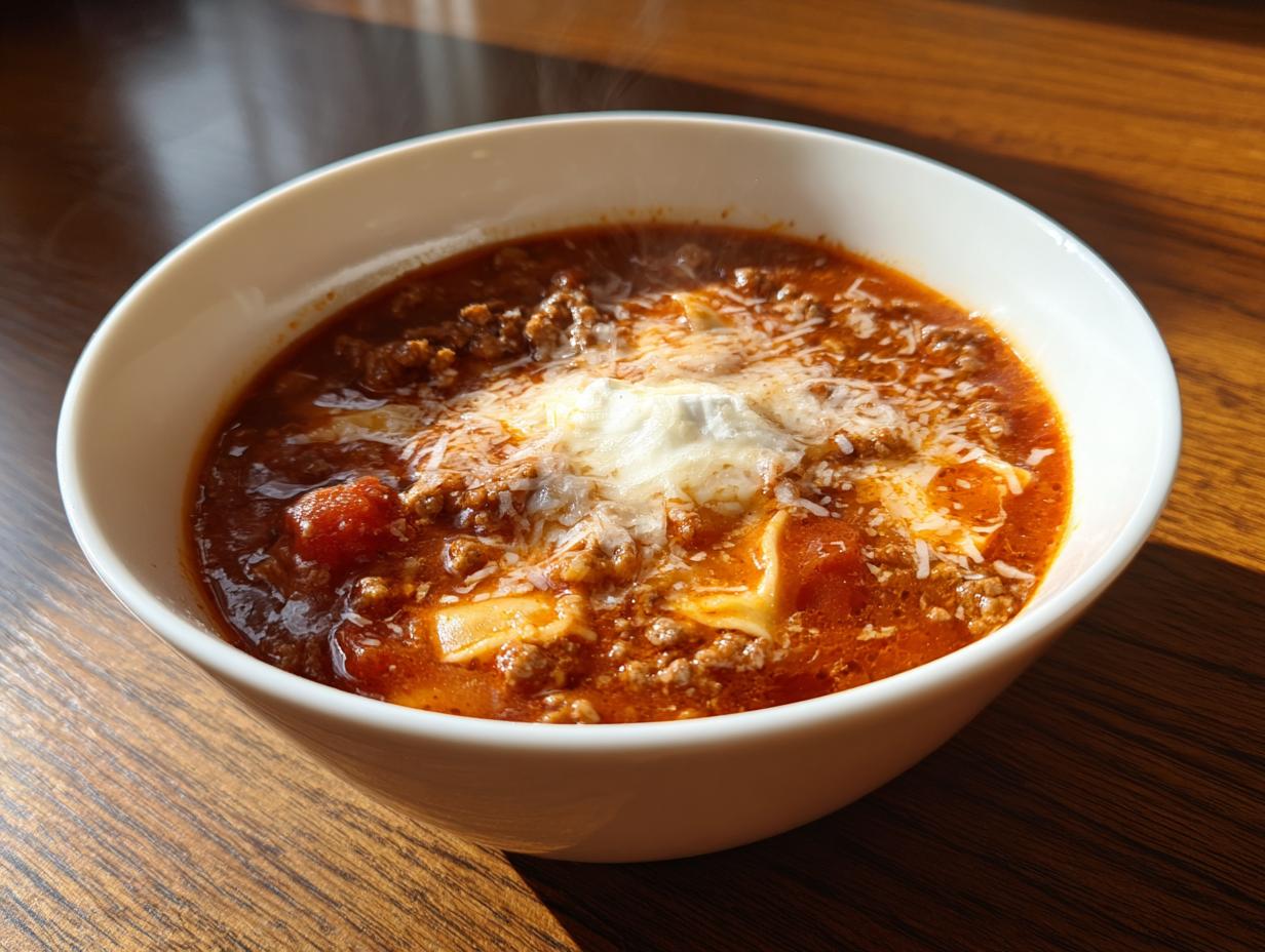 A steaming white bowl filled with rich Instant Pot Lasagna Soup topped with ricotta and Parmesan cheese.