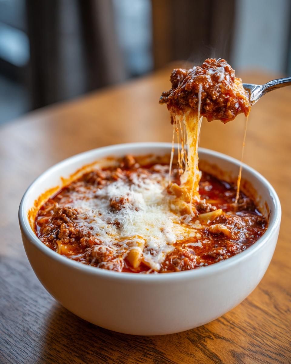 A spoonful of steaming Instant Pot Lasagna Soup showing a long cheese pull over a white bowl of rich meat sauce.