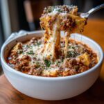A spoonful of rich instant pot lasagna soup showing a dramatic cheese pull, topped with Parmesan and parsley.