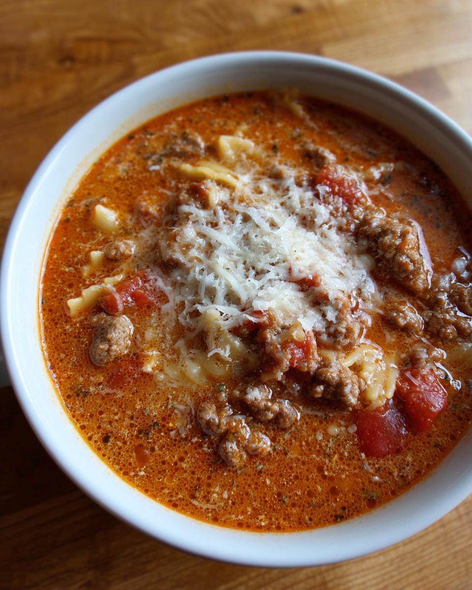 Close-up of a bowl of rich Instant Pot Lasagna Soup topped with ground meat and shredded Parmesan cheese.