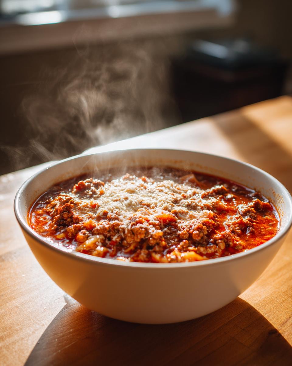 A steaming white bowl filled with rich Instant Pot Lasagna Soup topped with grated Parmesan cheese.