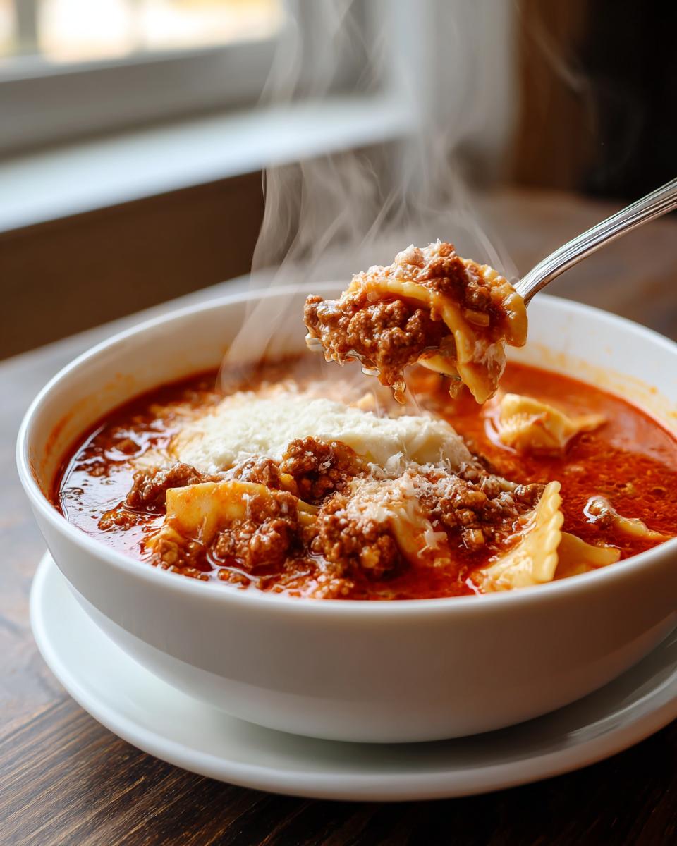 A spoonful of hot instant pot lasagna soup, rich with meat sauce and pasta, topped with melted cheese.