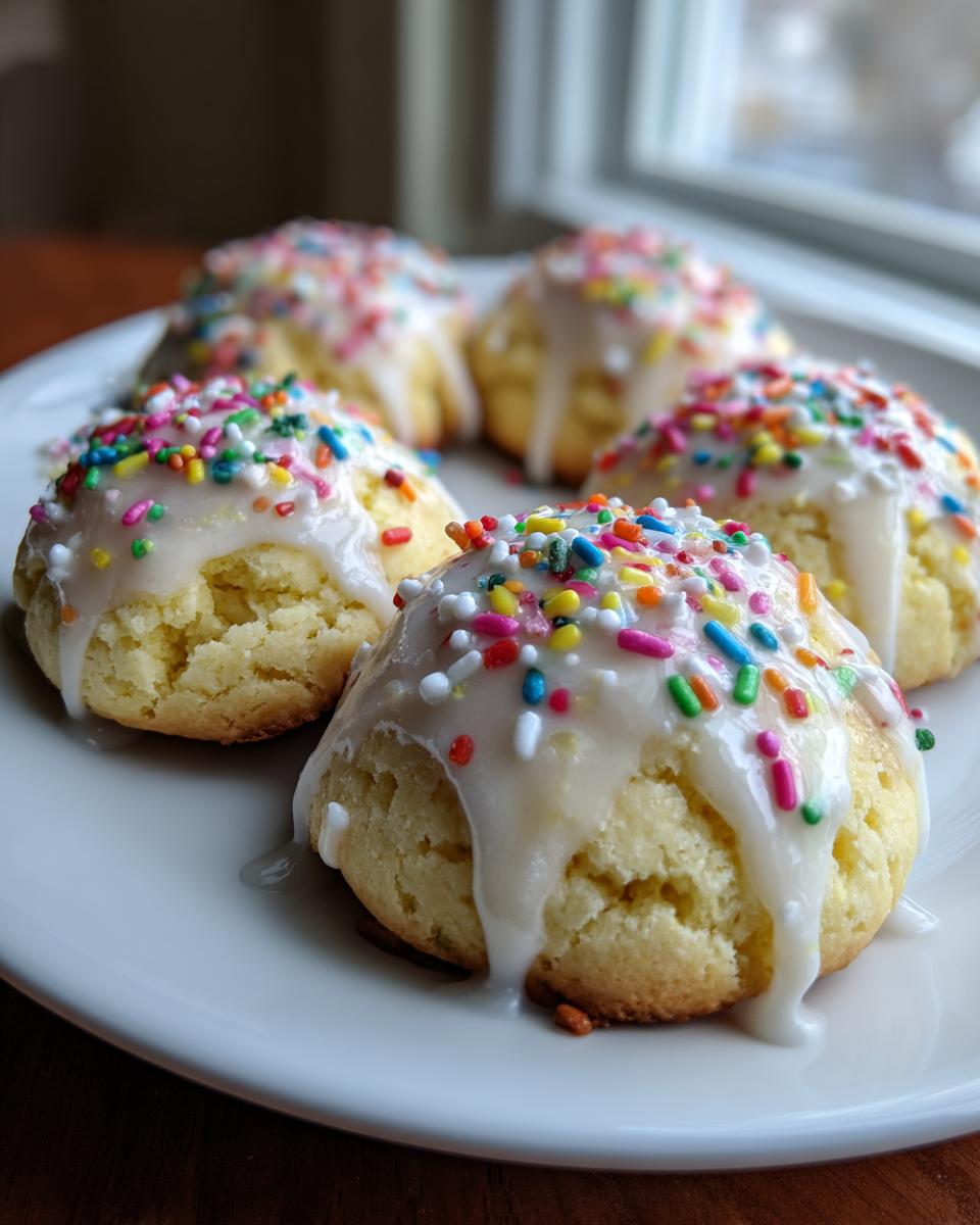 Close-up of several soft Italian ricotta cookies topped with thick white glaze and colorful rainbow sprinkles.