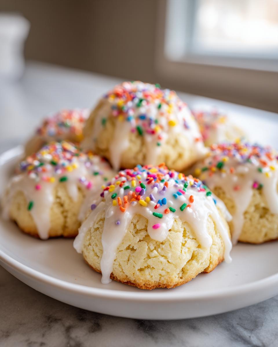 A close-up of soft Italian ricotta cookies topped with white glaze and colorful sprinkles.