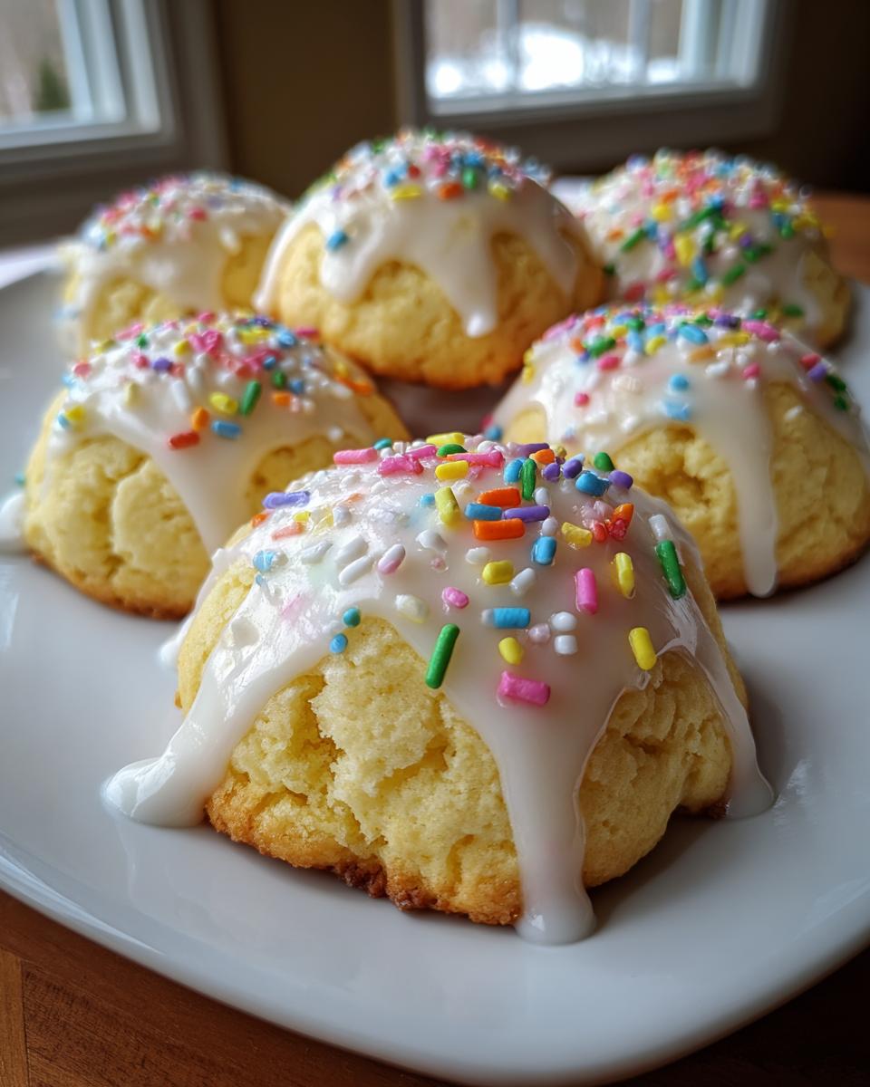 Close-up of fluffy Italian ricotta cookies topped with white glaze and colorful rainbow sprinkles.