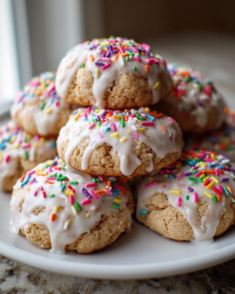 Close-up of a stack of soft Italian ricotta cookies topped with white glaze and colorful rainbow sprinkles.