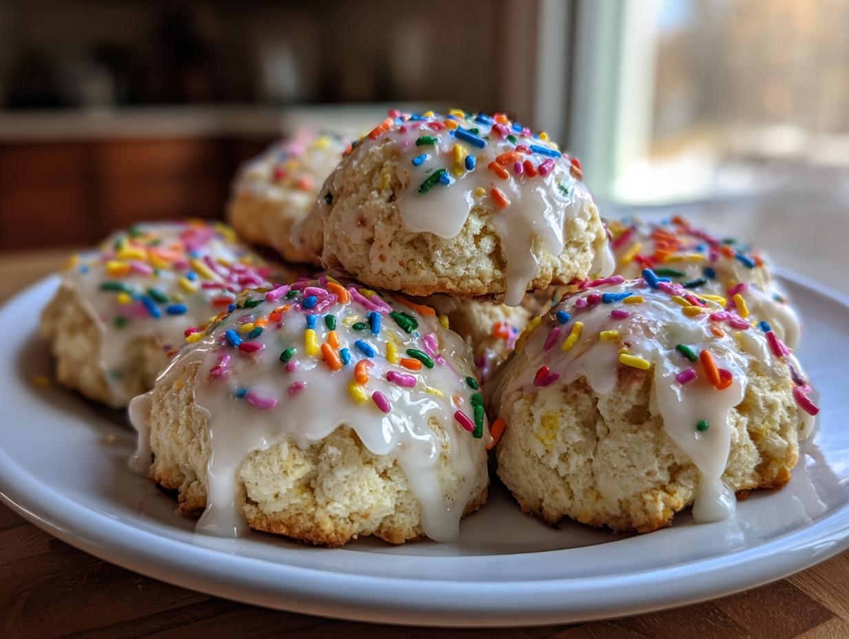 A stack of soft Italian ricotta cookies topped with white glaze and colorful rainbow sprinkles on a white plate.
