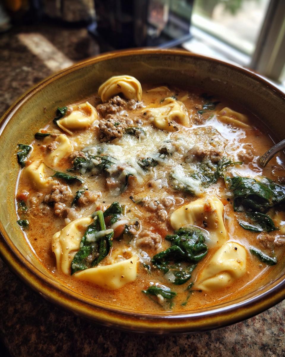 Close-up of a hearty bowl of italian sausage tortellini soup topped with melted cheese and fresh spinach.