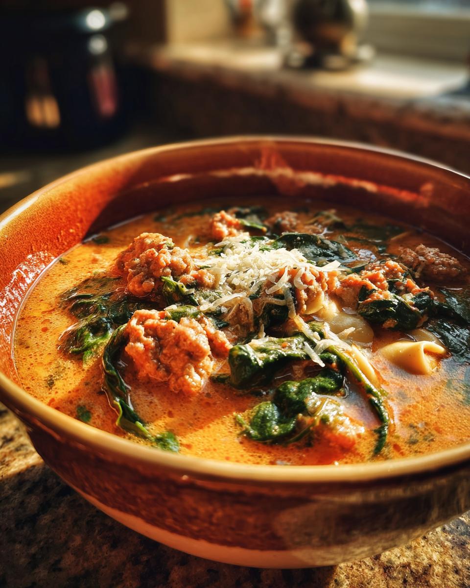 Close-up of a warm bowl of creamy italian sausage tortellini soup topped with spinach and grated parmesan cheese.
