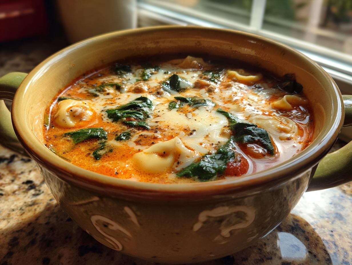 Close-up of a hearty bowl of Italian sausage tortellini soup with spinach and melted cheese.