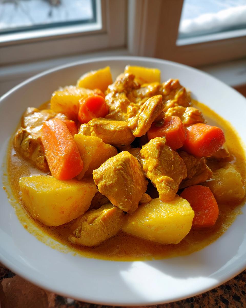 Close-up of a white bowl filled with vibrant Jamaican curry chicken, potatoes, and carrots in a rich yellow sauce.