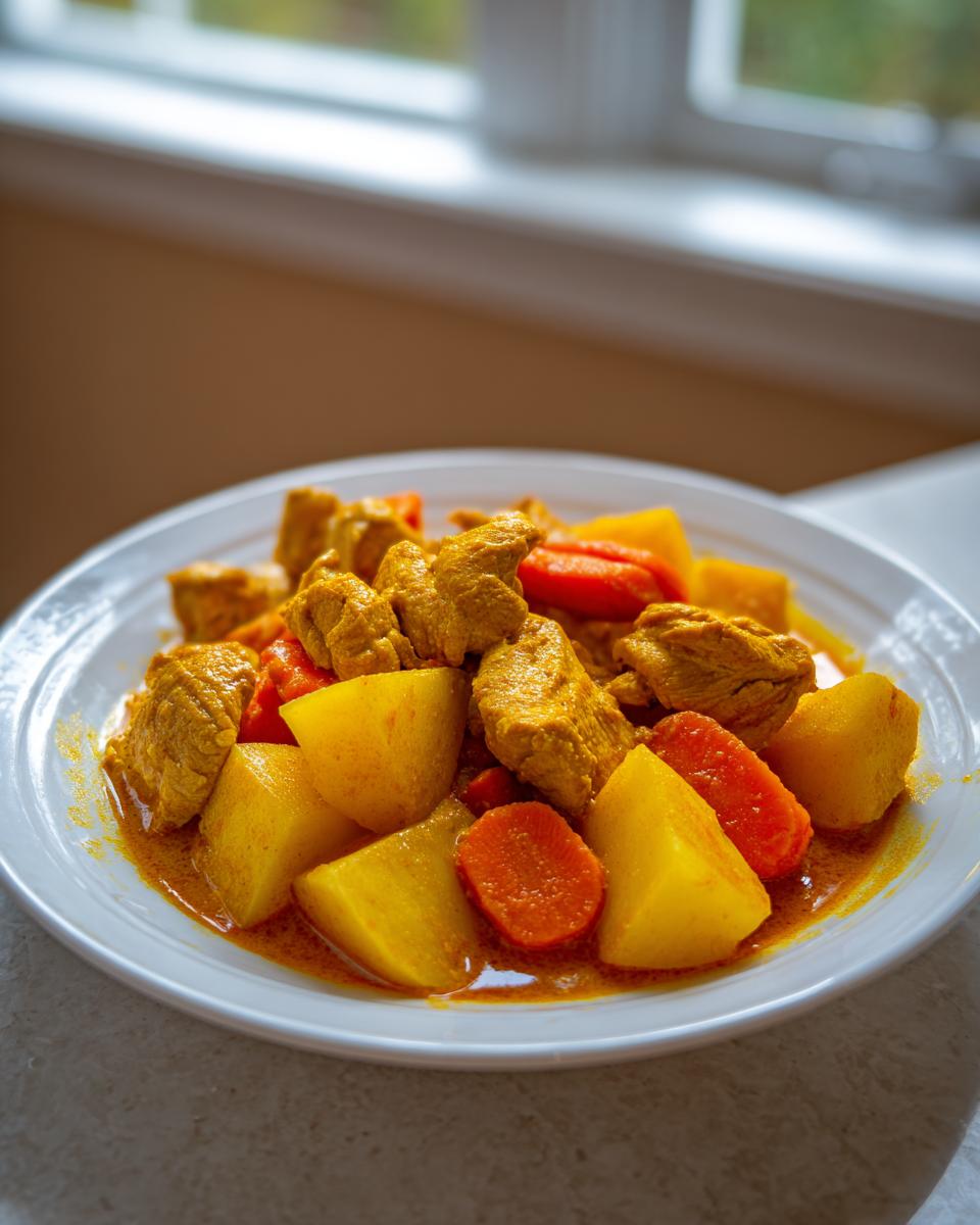 A close-up of a white plate filled with vibrant Jamaican curry chicken pieces, potatoes, and carrots in a rich yellow sauce.