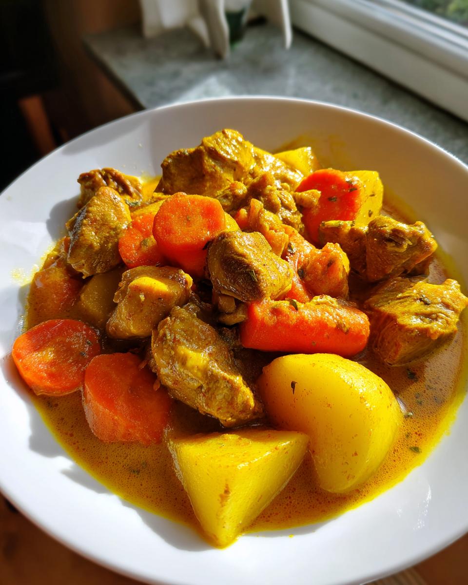 Close-up of rich Jamaican curry chicken stewed with chunks of potato and bright orange carrots in a yellow sauce.