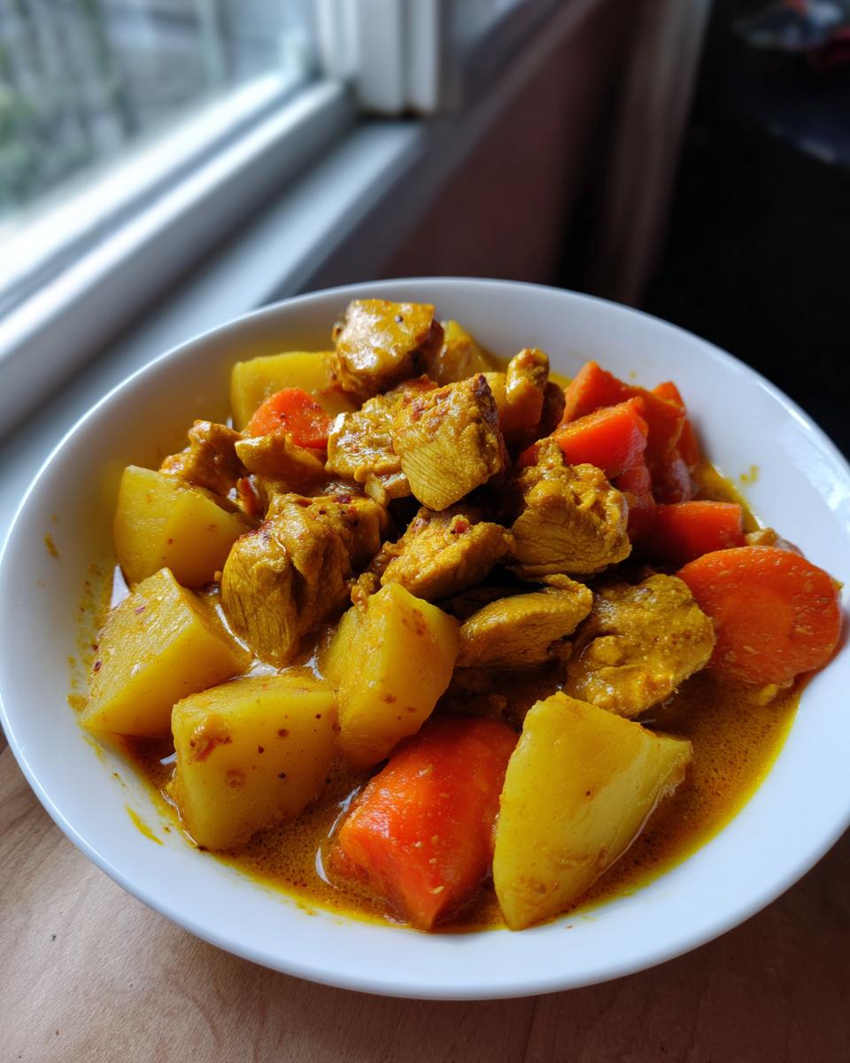 Close-up of Jamaican curry chicken pieces with large chunks of potatoes and carrots in a rich yellow sauce.