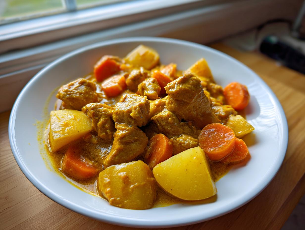 A white bowl filled with rich, yellow Jamaican curry chicken, potatoes, and sliced carrots, set near a window.