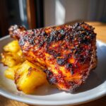 Close-up of a beautifully charred and glazed piece of Jamaican jerk chicken served with grilled pineapple chunks.