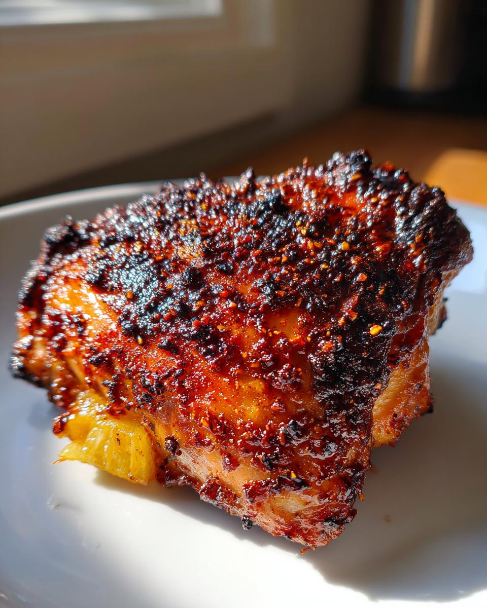 Close-up of a piece of perfectly cooked Jamaican jerk chicken with a dark, spicy, caramelized crust.