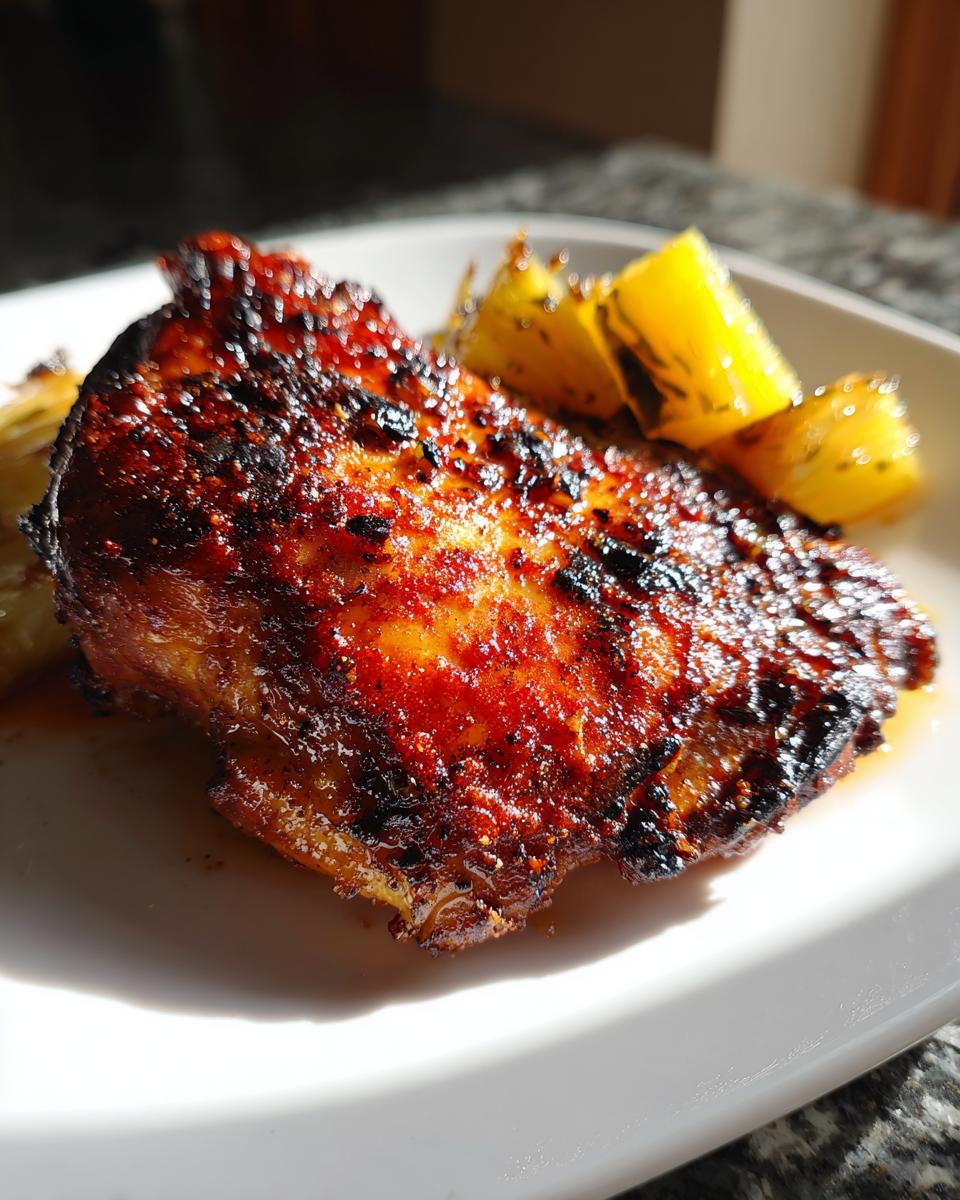 A close-up of a beautifully charred and glazed piece of Jamaican jerk chicken served with grilled pineapple chunks.