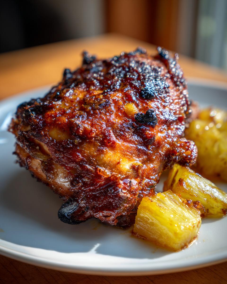 Close-up of a perfectly glazed and charred piece of Jamaican jerk chicken served with caramelized pineapple chunks.