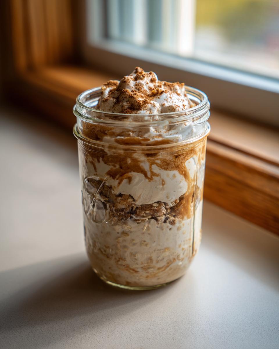 A glass jar filled with layered overnight oats, topped with whipped cream and cinnamon.