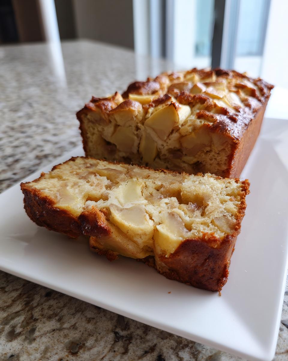 A slice of moist Jewish apple cake loaf showing chunks of baked apple in the crumb.