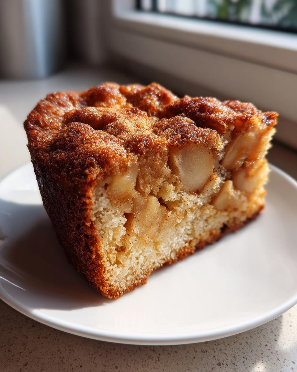 A close-up of a moist slice of Jewish apple cake showing tender cake crumb and chunks of spiced apple.