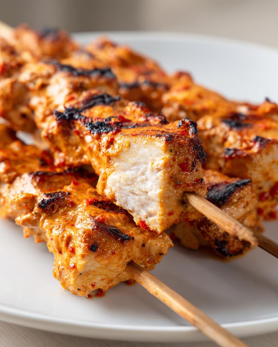 Close-up of grilled bang bang chicken skewers showing the juicy white interior and charred, spicy orange coating.