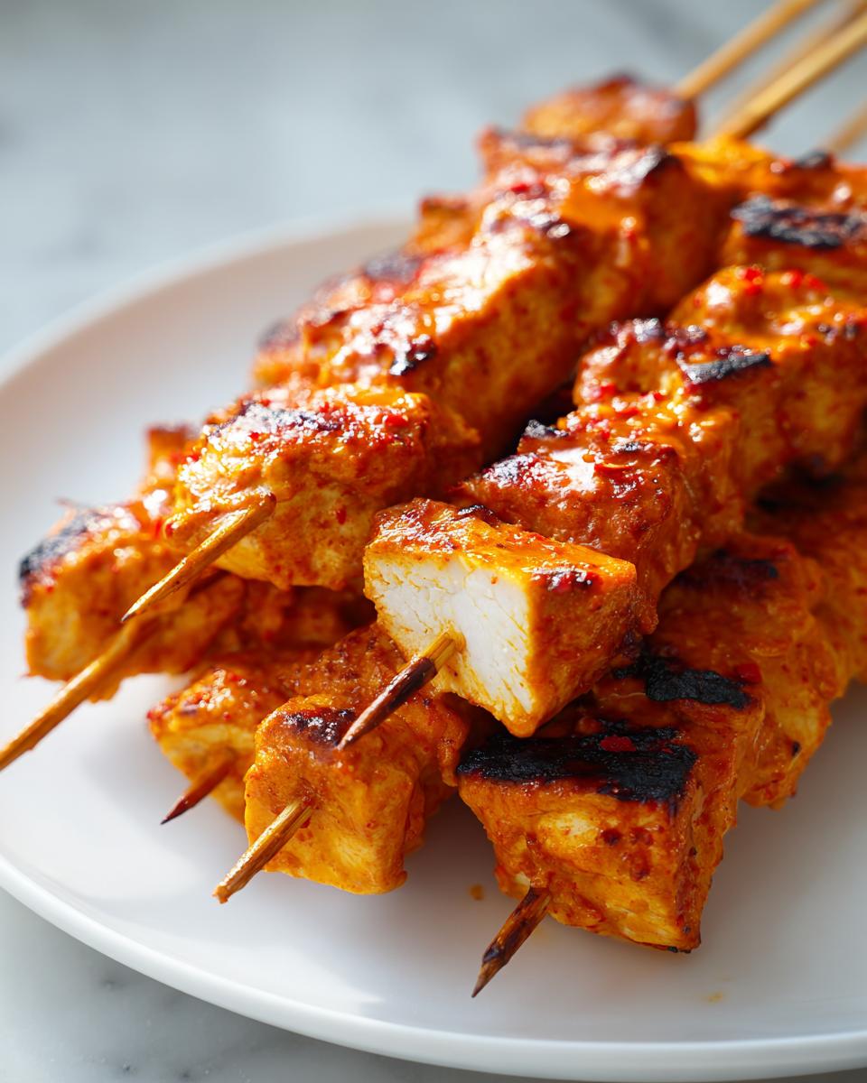 Close-up of grilled, saucy bang bang chicken skewers stacked on a white plate, showing the white interior of the chicken.