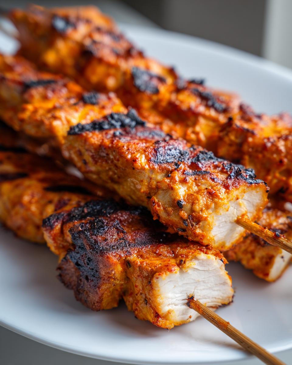 Close-up of juicy, charred bang bang chicken skewers resting on a white plate, showing the white interior of the meat.