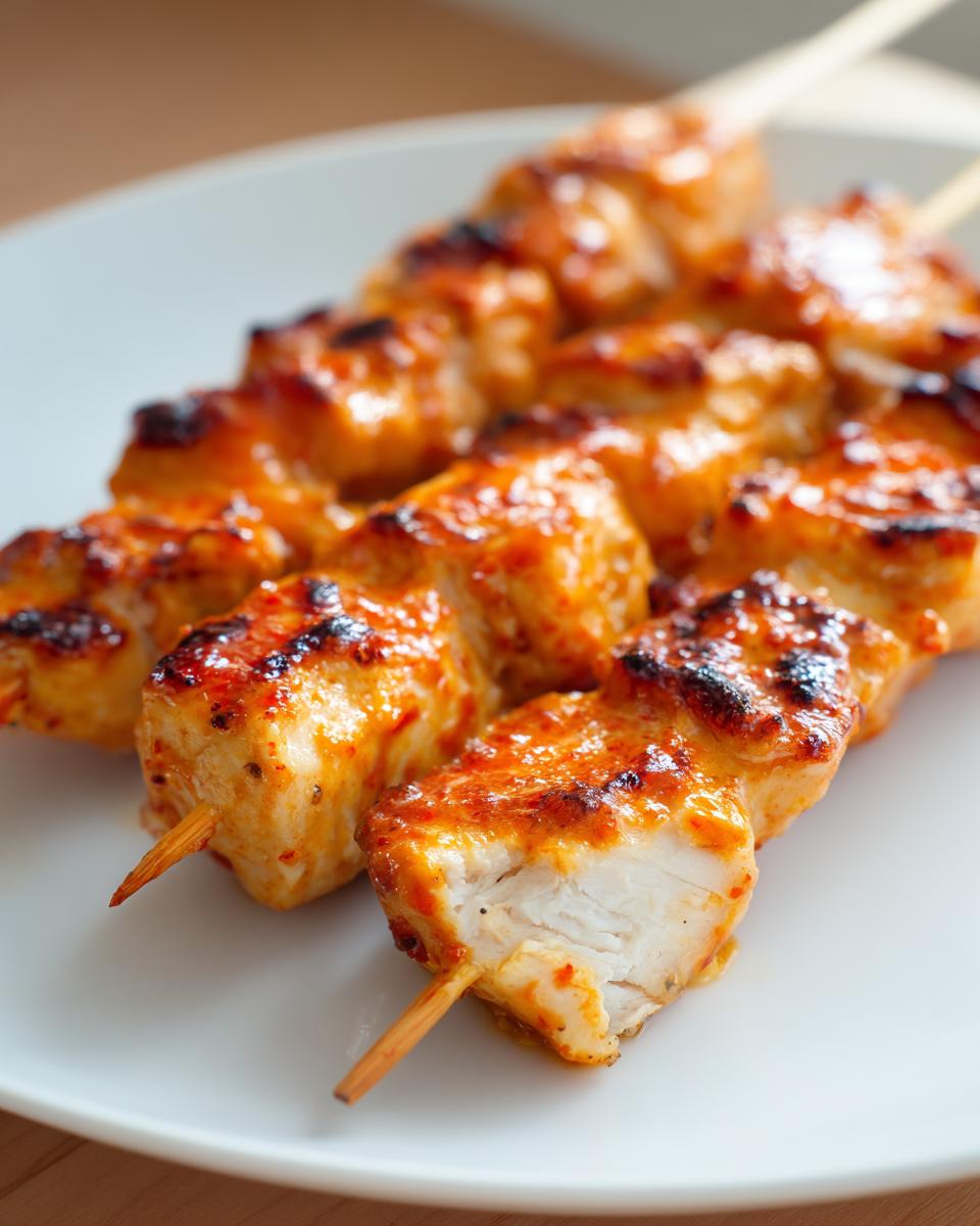 Close-up of juicy, grilled bang bang chicken skewers coated in a spicy orange sauce on a white plate.