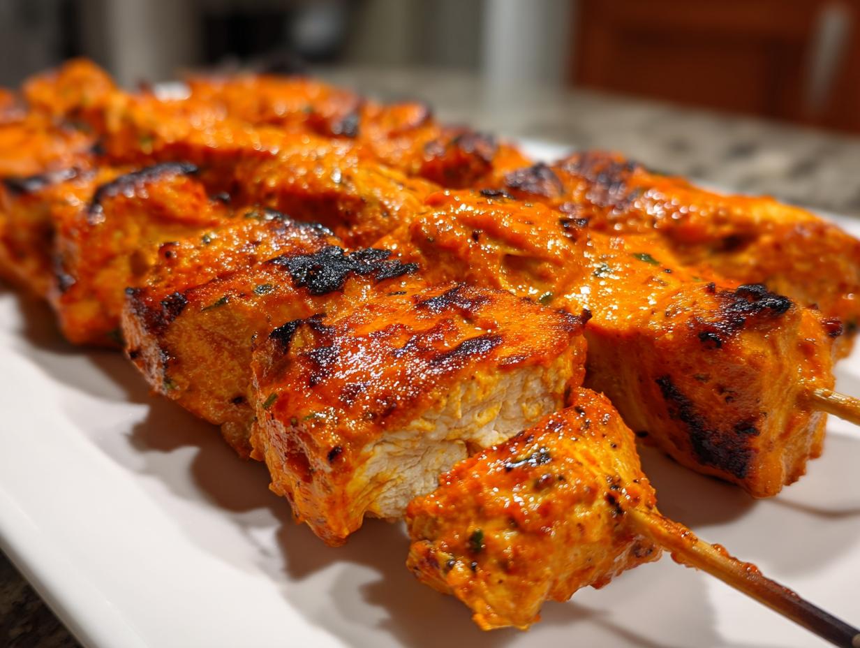Close-up of juicy, grilled bang bang chicken skewers coated in a vibrant orange sauce, resting on a white plate.