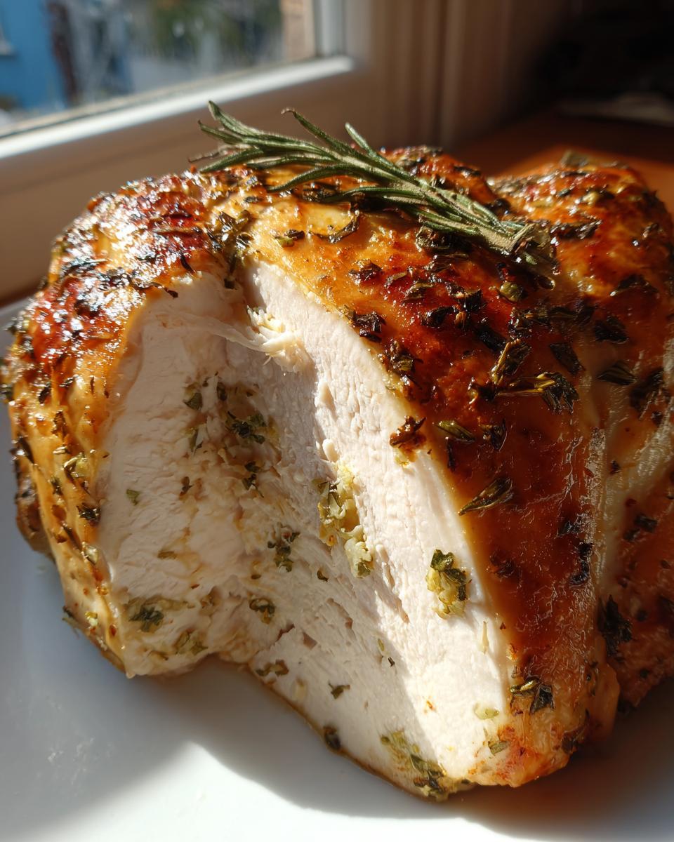 Cross-section of a juicy herb butter turkey breast showing moist white meat and golden, seasoned skin.