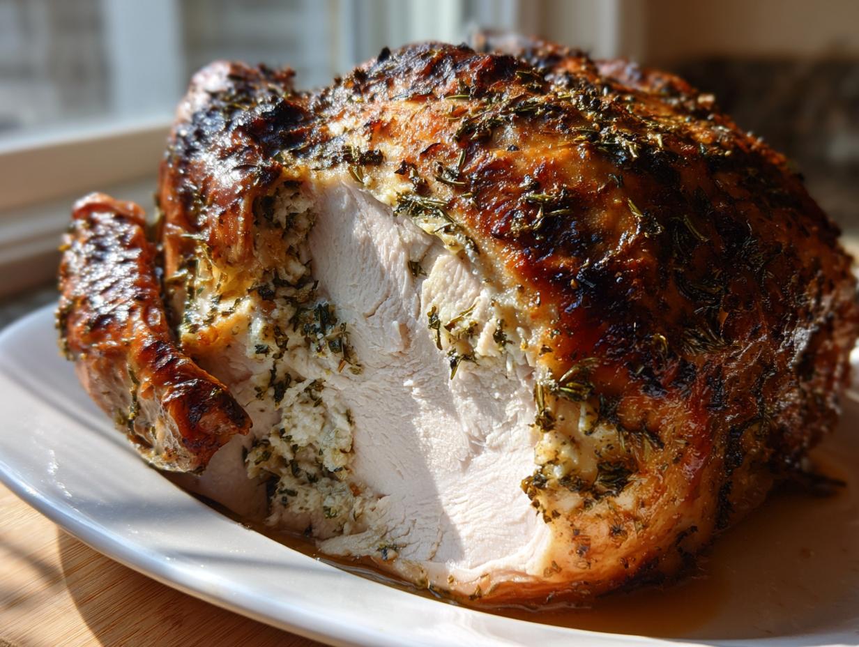 Close-up of a roasted turkey breast, sliced to show juicy white meat and herb butter stuffing.