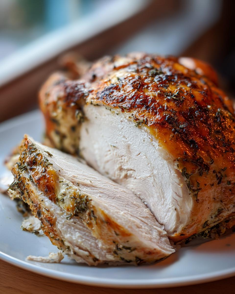 Close-up of a perfectly cooked, sliced turkey breast showing moist white meat and herb butter crust.