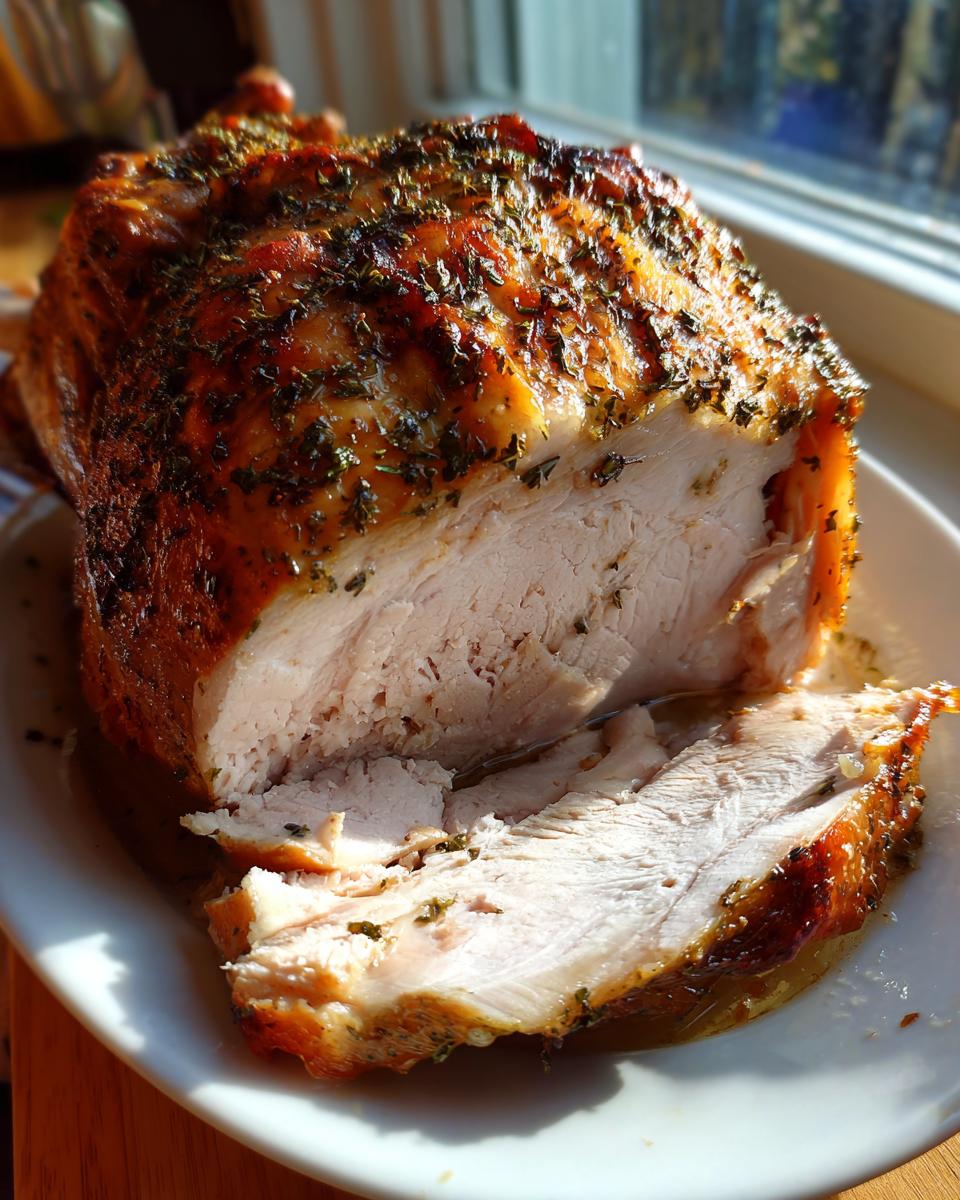 Close-up of a perfectly cooked, herb-crusted turkey breast roast, sliced to show juicy white meat.