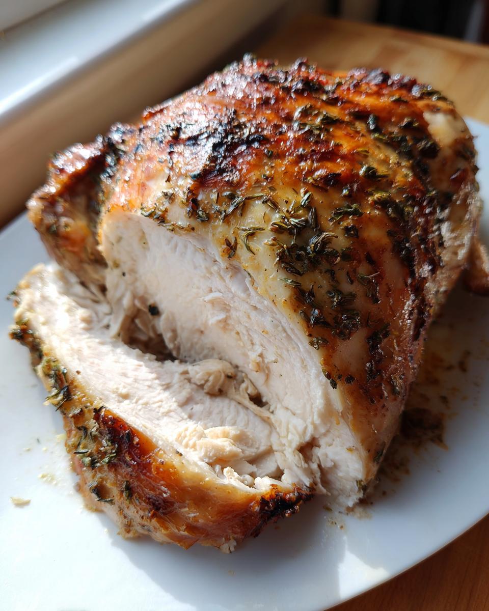 A close-up of a juicy herb butter turkey breast, sliced to show the moist white meat and crispy, seasoned skin.