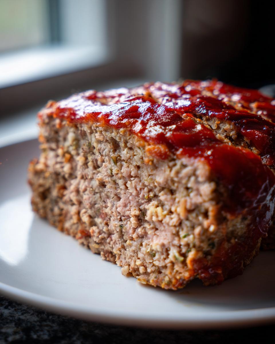 Close-up of a thick slice of juicy meatloaf topped with a shiny red glaze, served on a white plate.