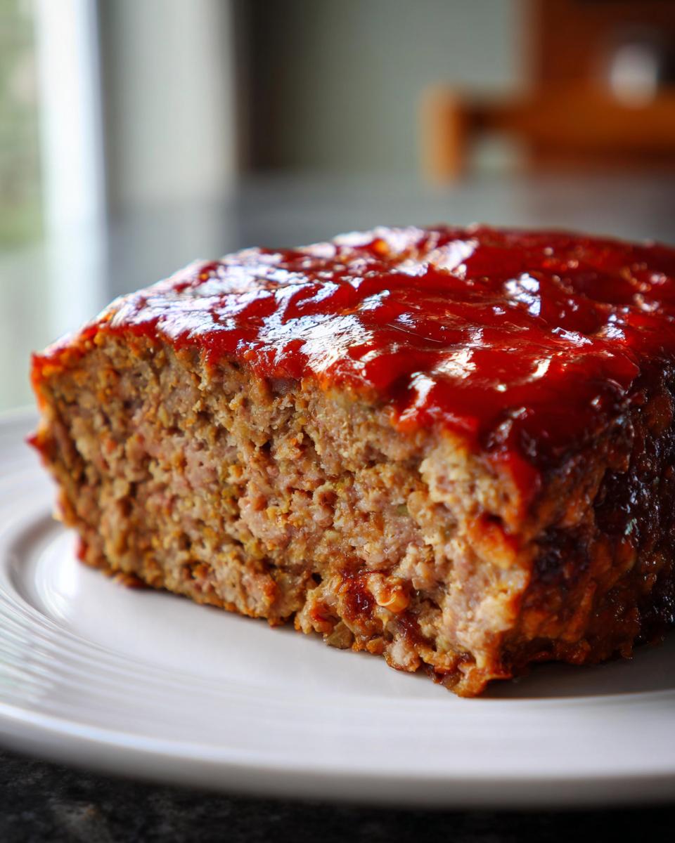 Close-up of a thick slice of juicy meatloaf topped with a shiny red glaze, served on a white plate.