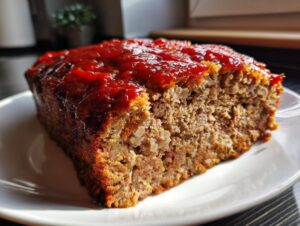 Close-up of a thick slice of juicy meatloaf topped with a bright red glaze, served on a white plate.