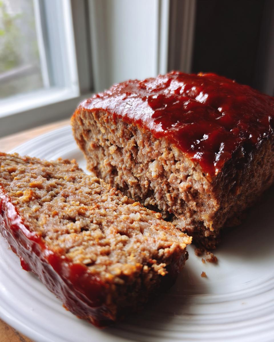 Close-up of a juicy meatloaf with a thick, shiny red glaze, showing one slice cut and resting beside the main loaf.