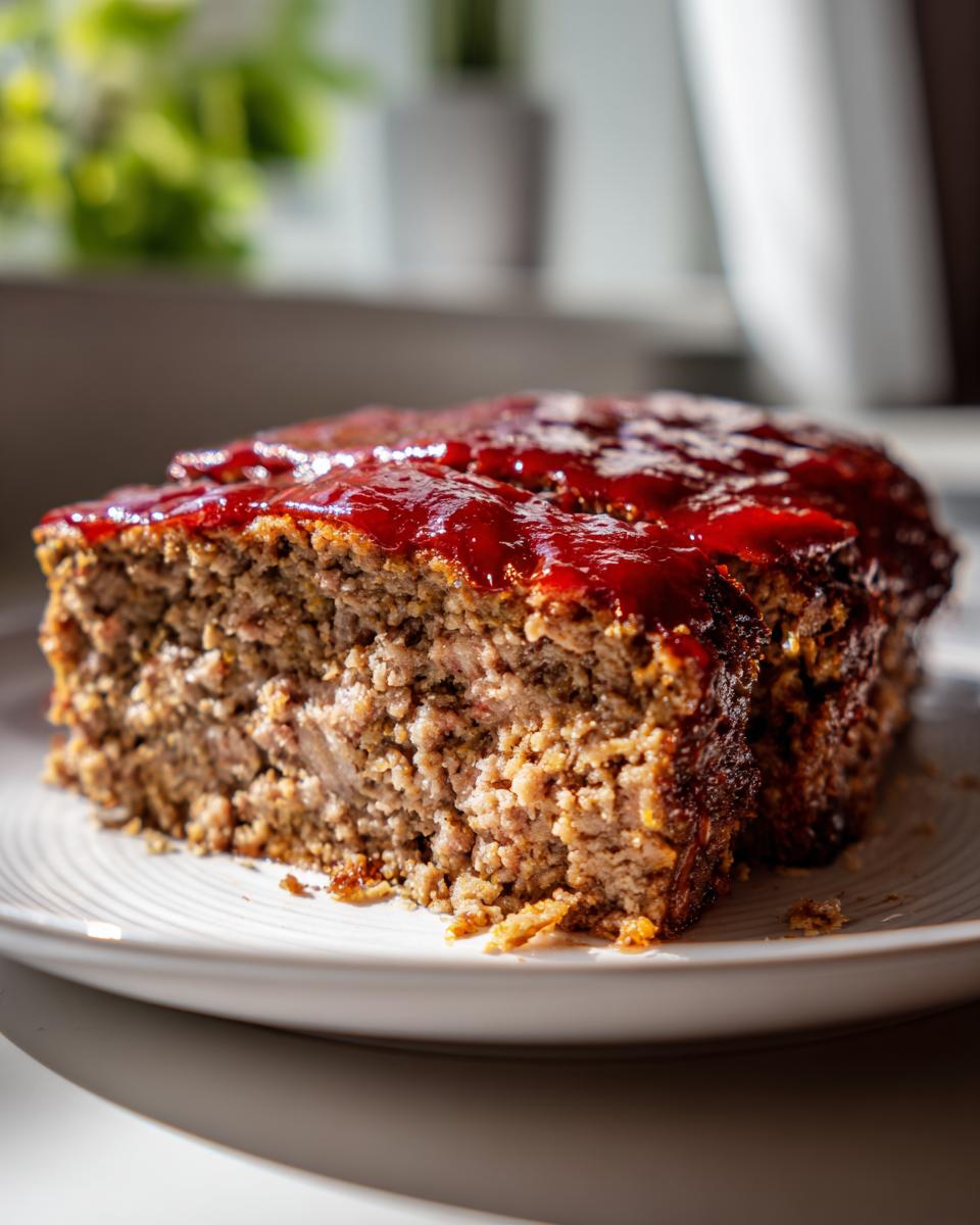 Close-up of a thick slice of juicy meatloaf topped with a bright red glaze on a white plate.