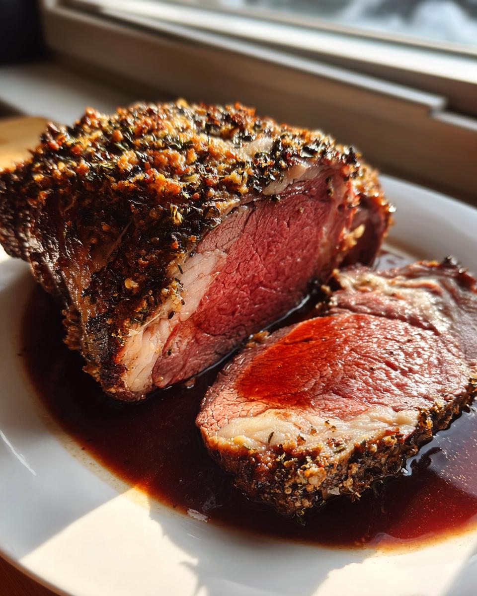 Close-up of a juicy, medium-rare prime rib roast with a thick herb crust, resting in its au jus.