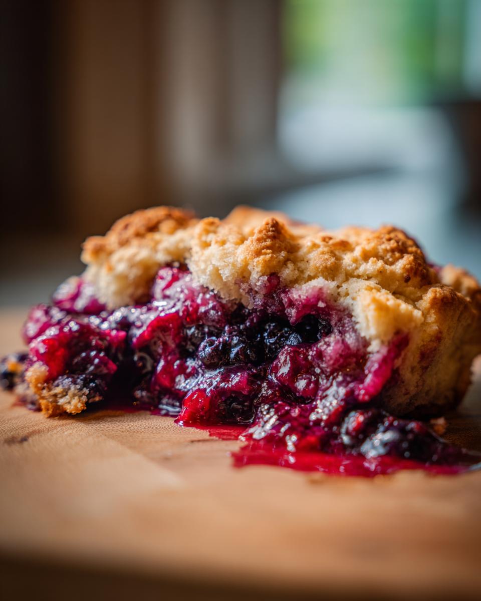 A close-up of a warm slice of mixed berry cobbler showing gooey, dark berry filling and a golden, crumbly topping.