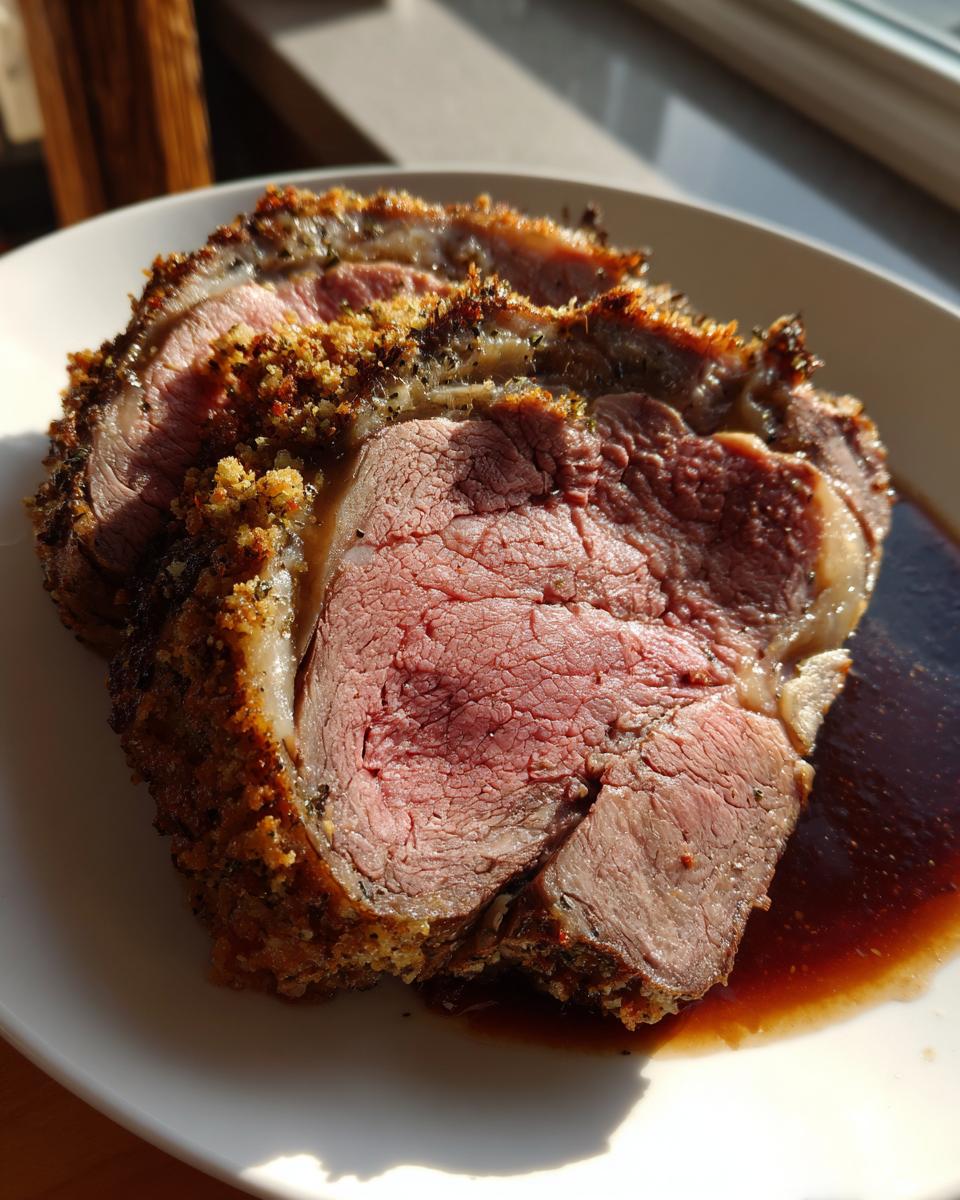 Two thick slices of medium-rare prime rib with a crispy herb crust, resting in au jus on a white plate.