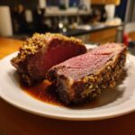 Two thick slices of perfectly cooked prime rib showing a medium-rare center and a savory herb crust, resting in jus.