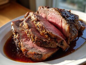 Slices of medium-rare prime rib roast with a dark, seasoned crust resting in rich jus on a white plate.