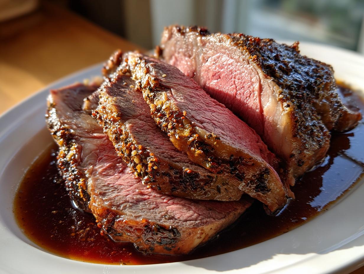 Slices of medium-rare prime rib roast with a dark, seasoned crust resting in rich jus on a white plate.