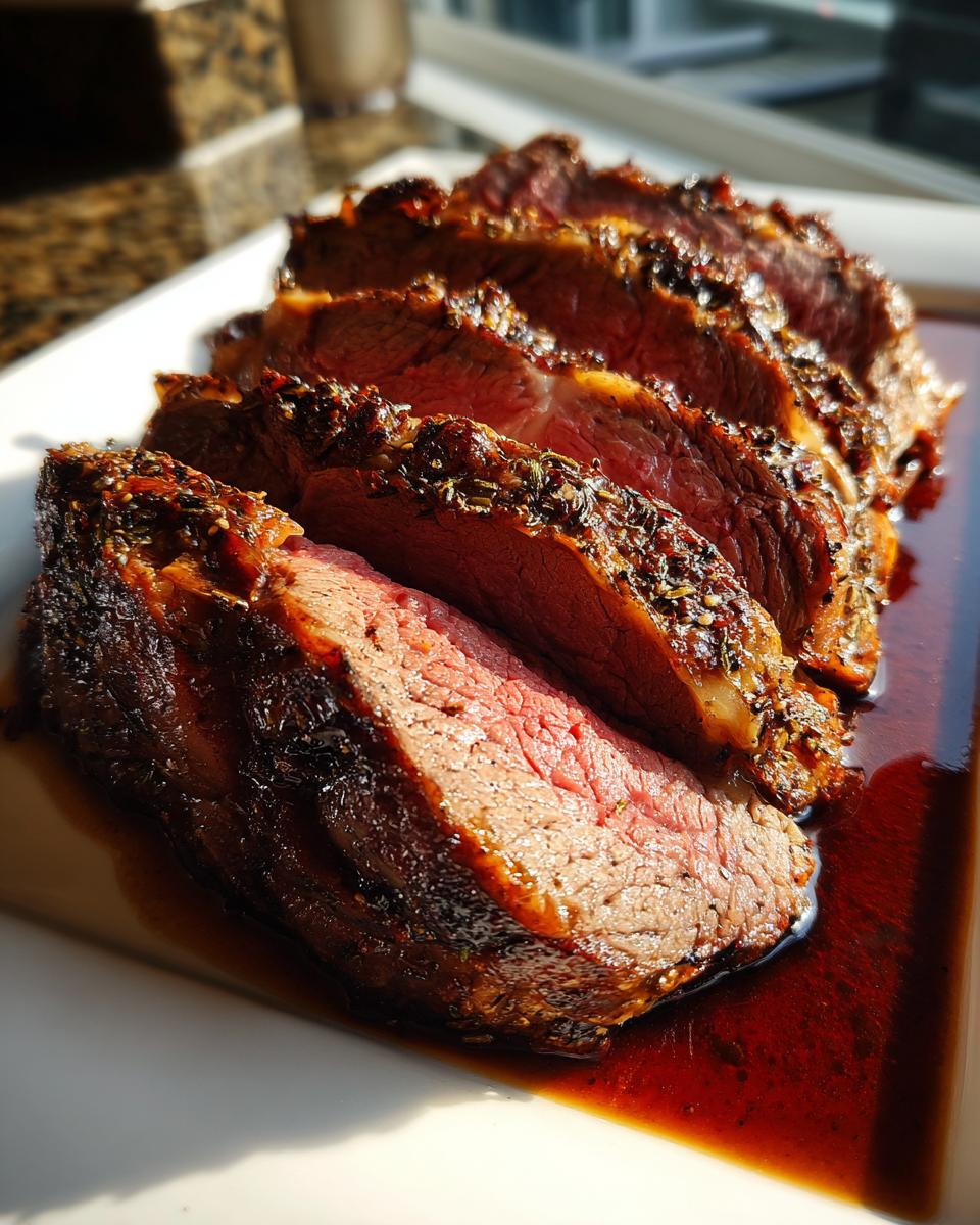 Slices of juicy, medium-rare prime rib roast resting in its own rich au jus on a white platter.